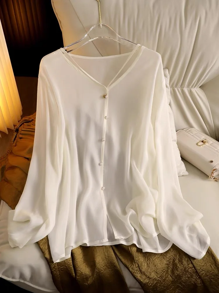 Doorzichtig chiffon shirt Damesblouses Casual losse V-hals Top met lange mouwen Mode Zwart Wit Basic shirt Lente Herfst