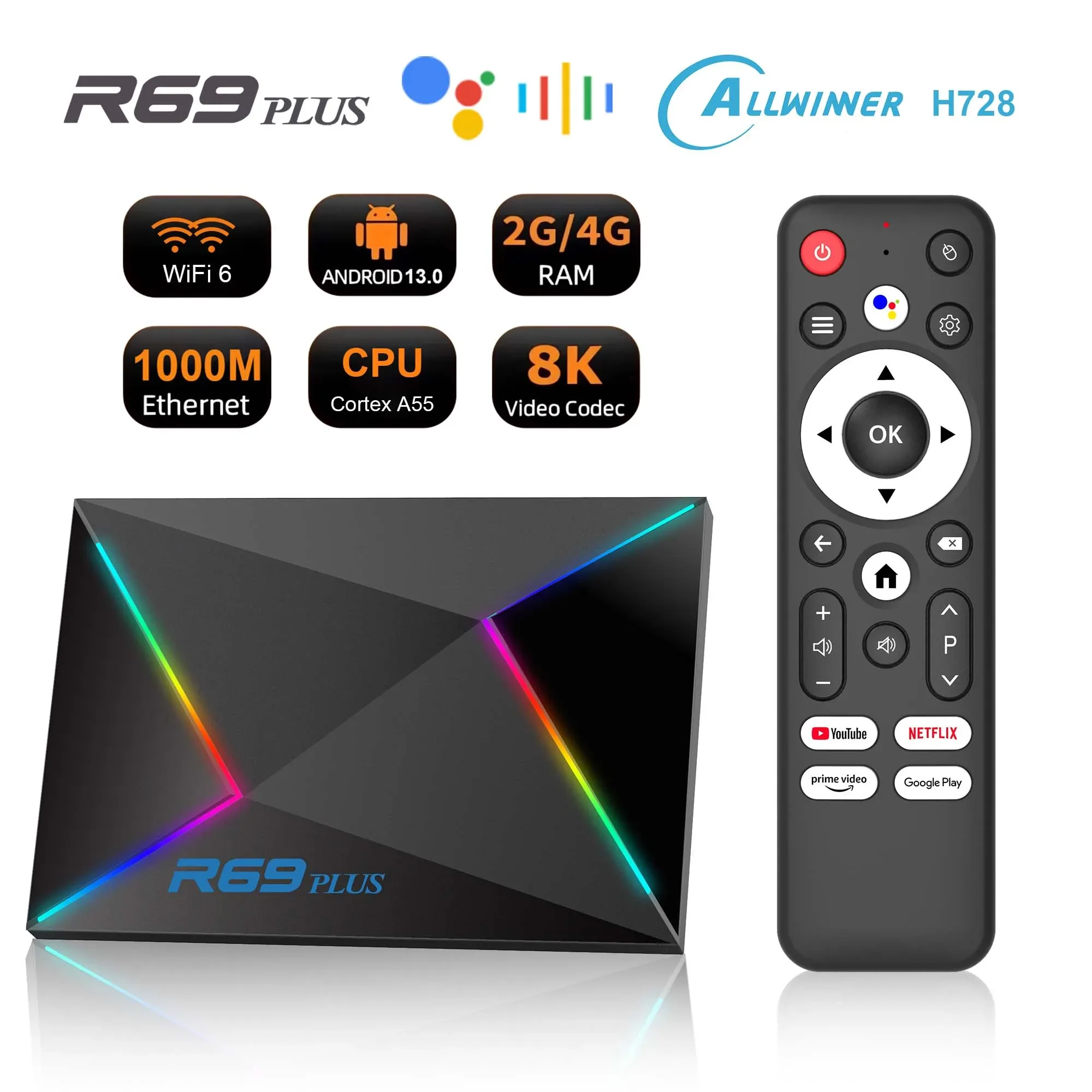 Smart TV Box Android 14 R69 Plus Allwinner H728 Google Voice Cortex A53 1000M Support 8K Dolby UHD WiFi 6 BT5 TV Streaming Box