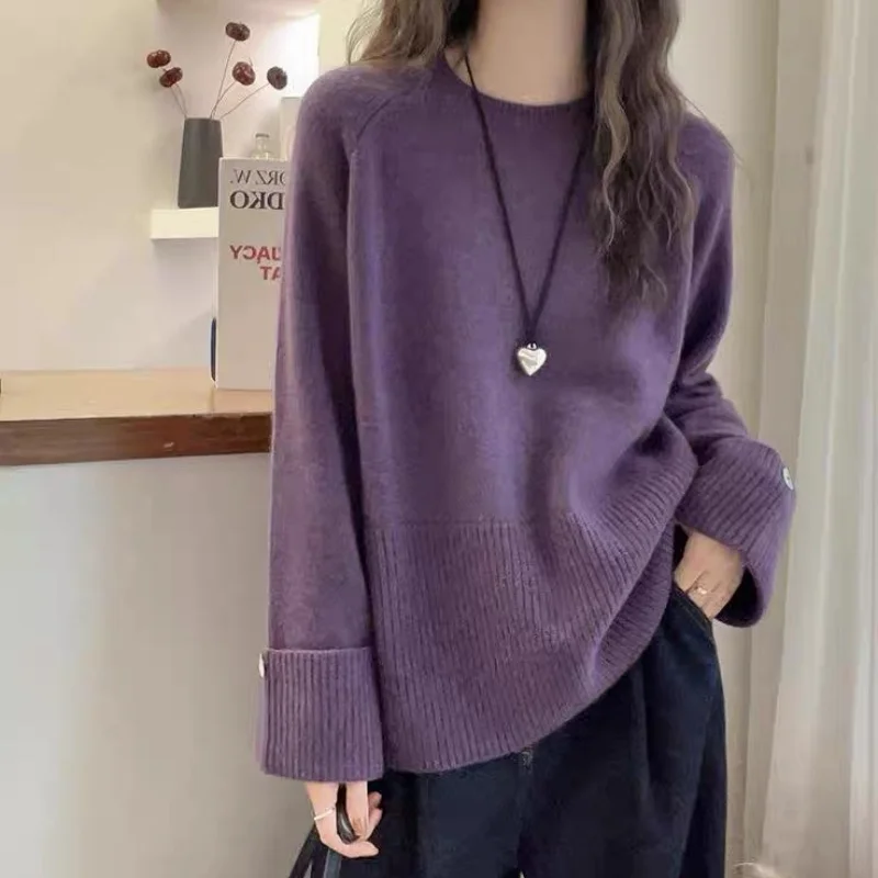 Koreanischer Damenpullover Herbst Winter Strickpullover Damenpullover aus 100 % reiner Wolle lose große Größe weiche wachsartige Unterseite Strickwaren