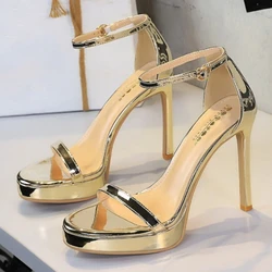 Wysokiej jakości damskie sandały damskie wąskie paski lakierowane 11CM na cienkim obcasie osłona na suwak obcas modne seksowne damskie buty damskie złote