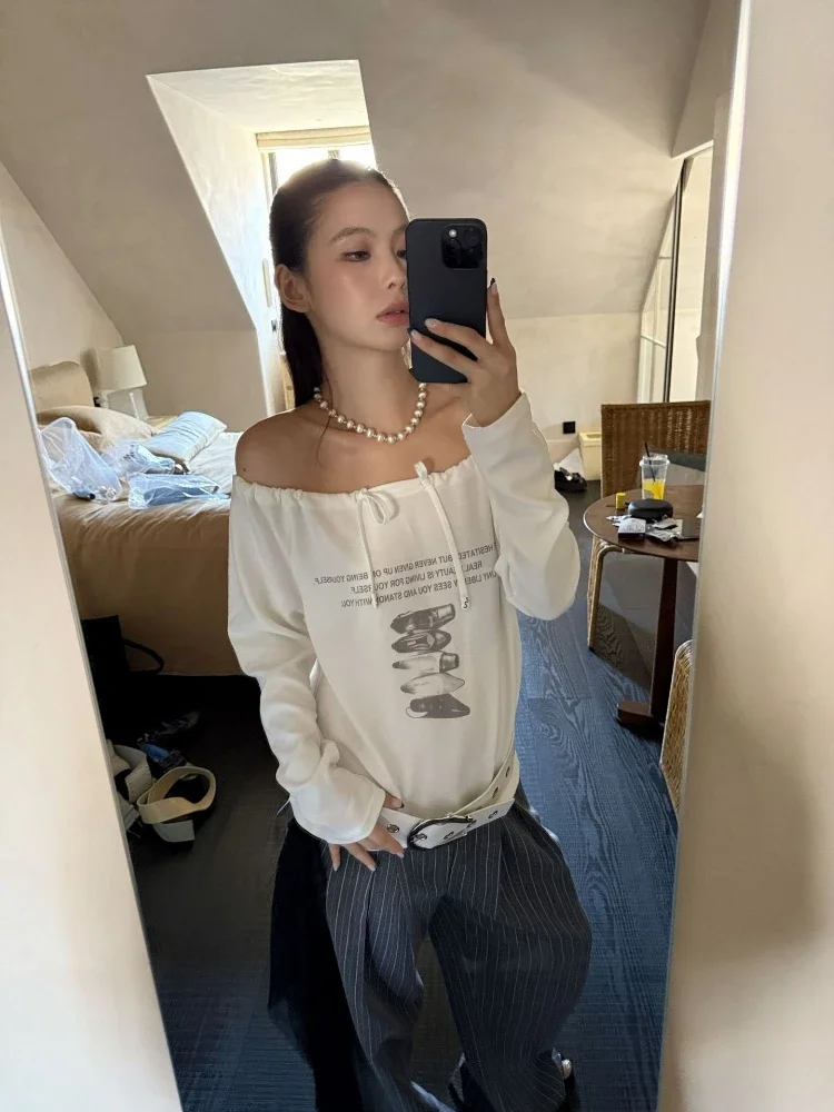 

Y2K Vintage Streetwear T-Shirt with Slash Neck & Drawstring, Harajuku Grunge Casual Top for Women