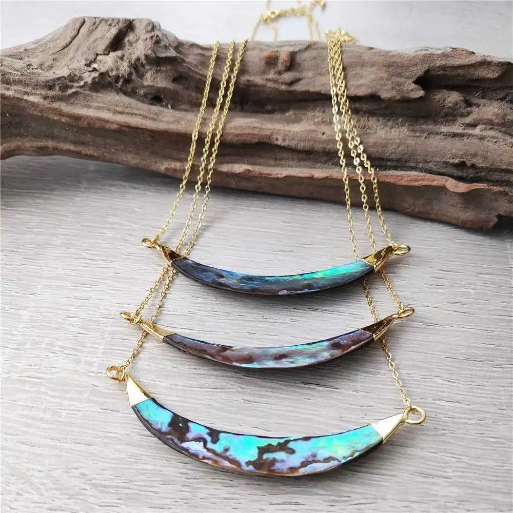 FUWO Wholesale Natural Rainbow Abalone Shell Neckace,Golden Plated Long Horn Jewelry For Women Gifts 5Pcs/Lot NC501