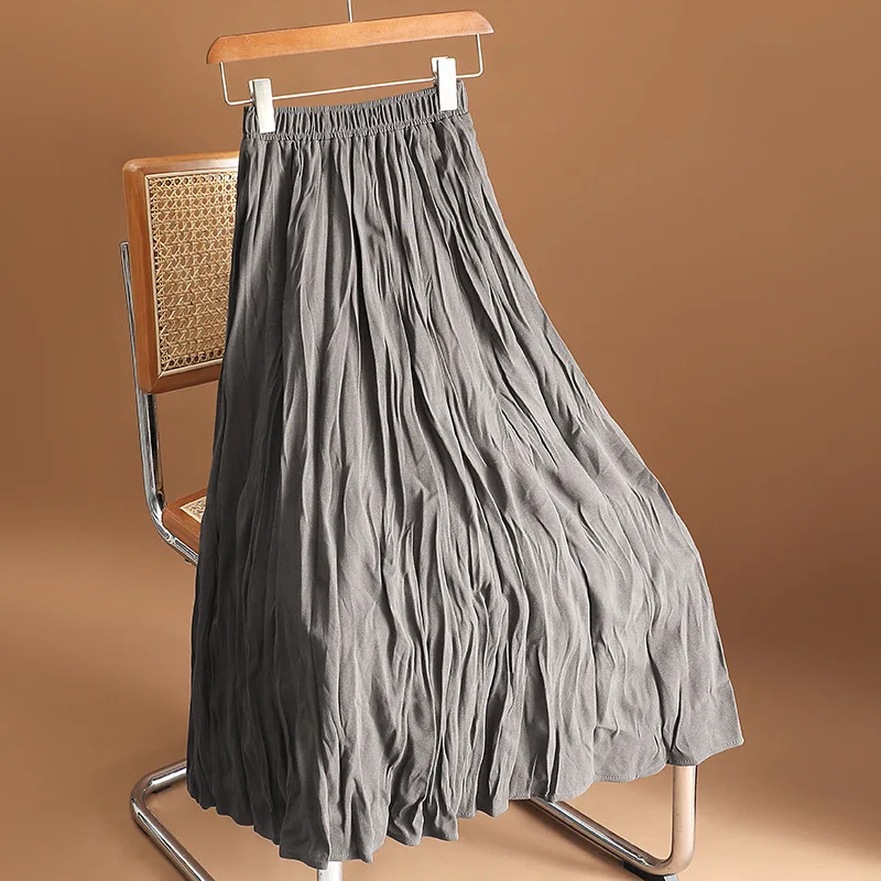 플러스 사이즈 하이웨이스트 플리츠 스커트 루즈 힙 커버링 가운 엘리 A라인 실루엣 롱 폴리에스터 섬유 젊은 여성용