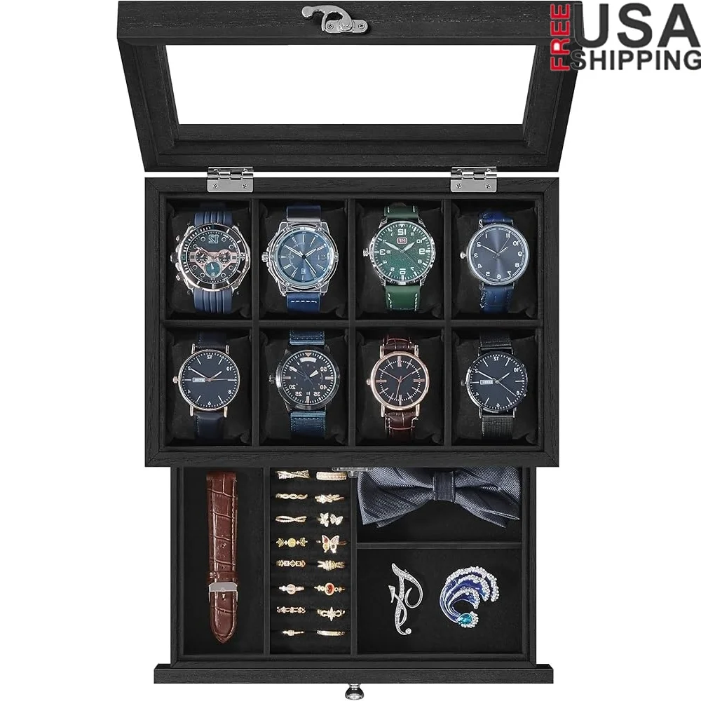 

8-Slot Jewelry Box 2-Tier Watch Display Case Velvet Lining Dustproof Large Glass Lid Removable Pillows Gift Him Her