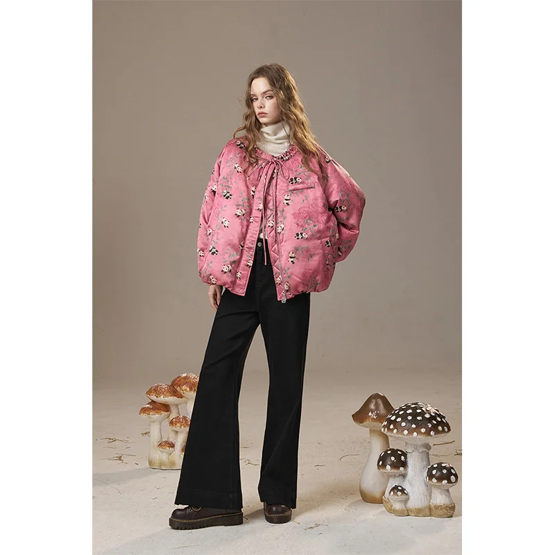 ELFSACK 2025 Winter Nieuwkomers Casual Vintage Panda Bamboe Print Chinese Stijl Donsjack Voor Vrouw