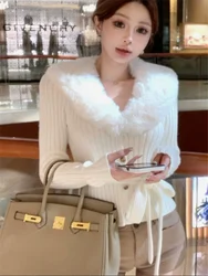 Fall Winter Black White Fur Collar Short Sweater Women New Fashion Knitted Cardigan Top Long Sleeve Belted Slim Jumper Mujer