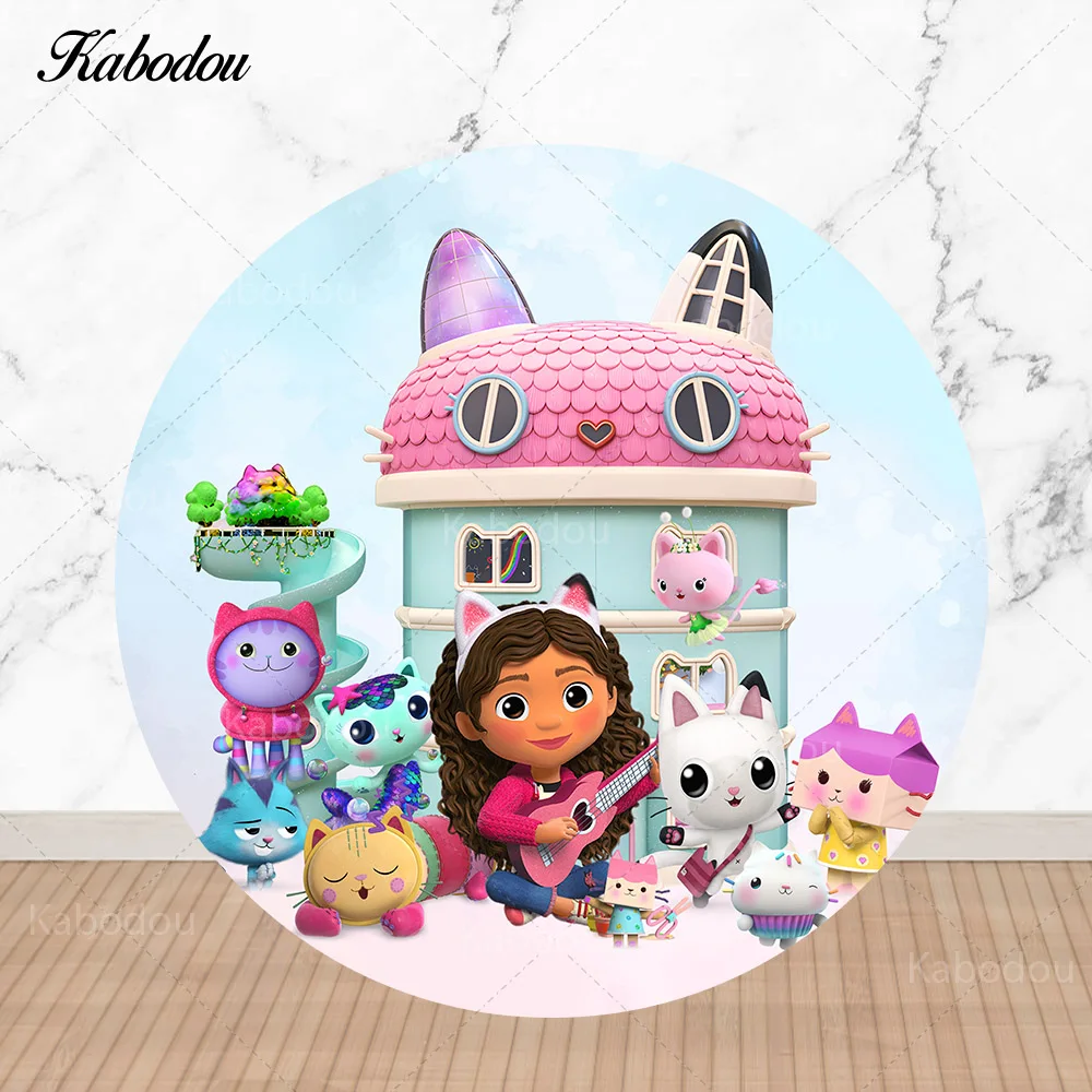 Kabodou Gabby\'s dollhouse Backdrop Round Kids Birthday Party Decoration Cat Photography Background Circle Cover Booth Props