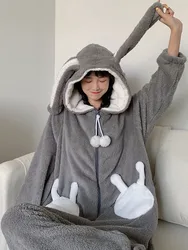 Sweet Gray Hooded Bodysuit Role Playing Anime Cartoon Rabbit Costume Cute Winter Warm Plush Pajamas Couple Home Clothes Set Suit