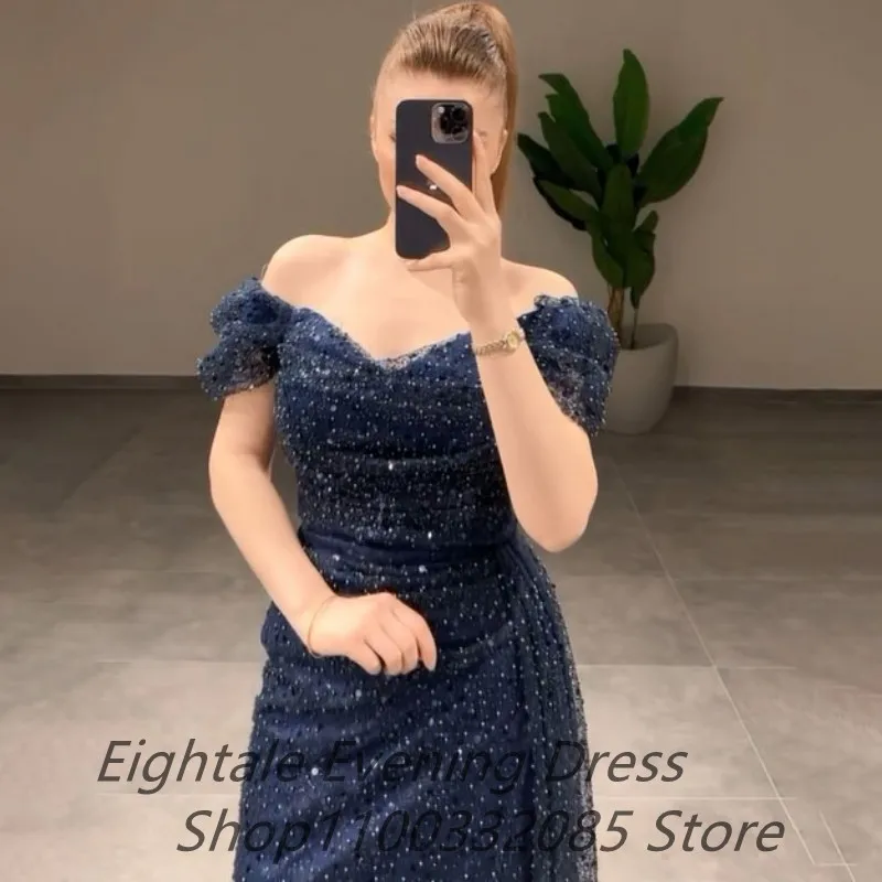 Customized Off Shoulder Shinning Sequins Navy Blue Prom Dress Mermaid Evening Dress Women Formal Party Gown Robes De Soirée