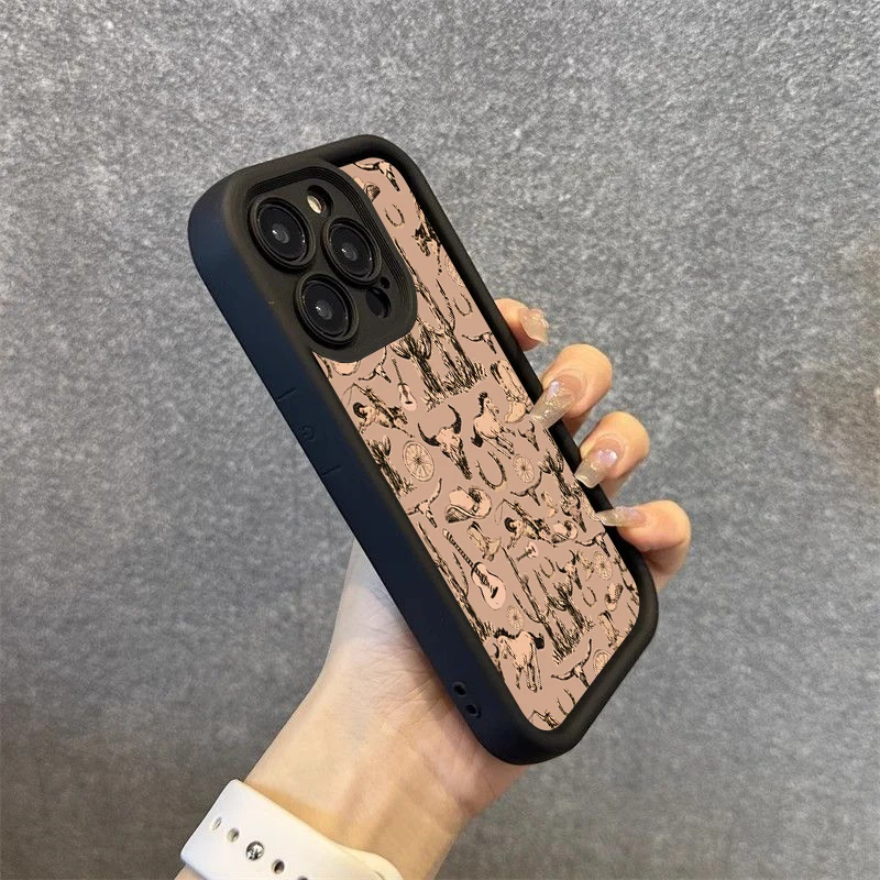 Western Graffiti Brown Silicone Soft Case For iPhone 13 14 Pro Max 11 12 15 16 Plus SE2022 7 8 X XS XR Shockproof Candy Cover