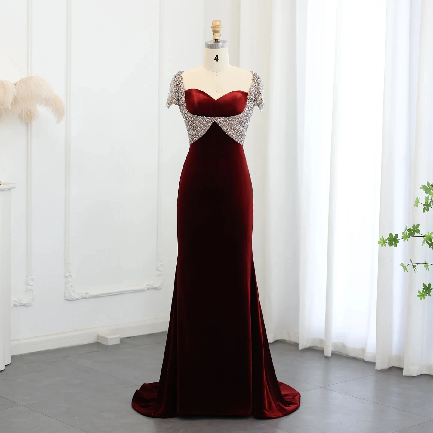 

Jancember Elegant Burgundy Velvet Mermaid Evening Dresses Dubai Luxury Crystal Long Arabic Women Wedding Party Gowns SZ515