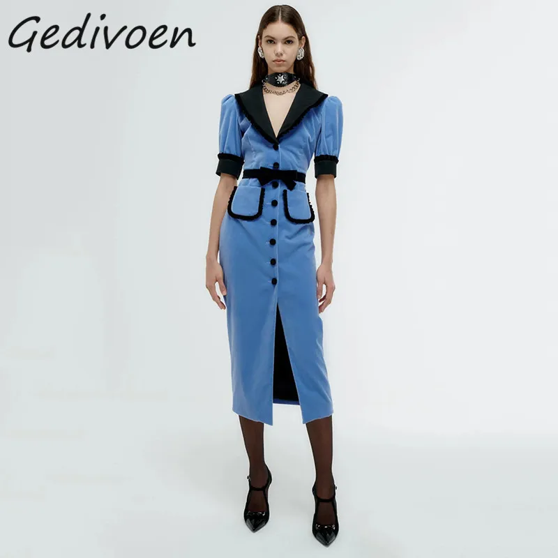 

Gedivoen Summer Fashion Designer Vintage Party Dress Women V-Neck Ruffles Bow Pockets Single Breasted Split Blue Slim Midi Dress