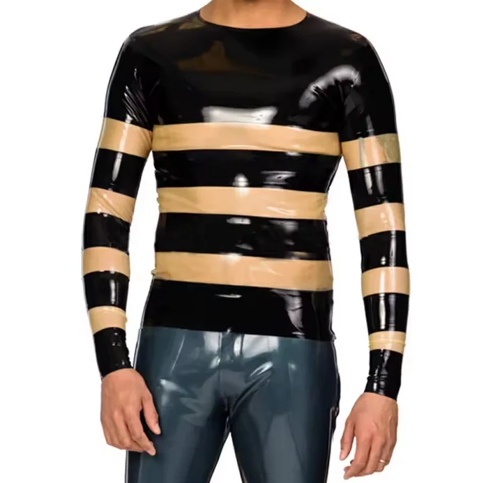 

Men's Long Sleeve Slim Latex Tops Striped Color Matching