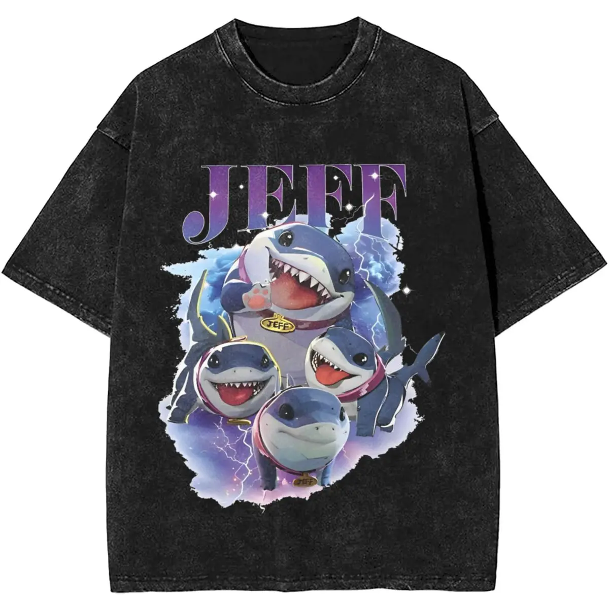 Jeff TheBaby Land Shark Washed T Shirt Men Street Style Casual T-Shirts Beach O-Neck Harajuku Tee Shirt Print Oversized Clothing