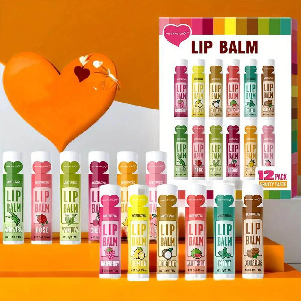 12 unids/caja de bálsamo labial hidratante con sabor a fruta, 5g, hidratación profunda de larga duración, brillo, delineador de labios ligero, cosméticos