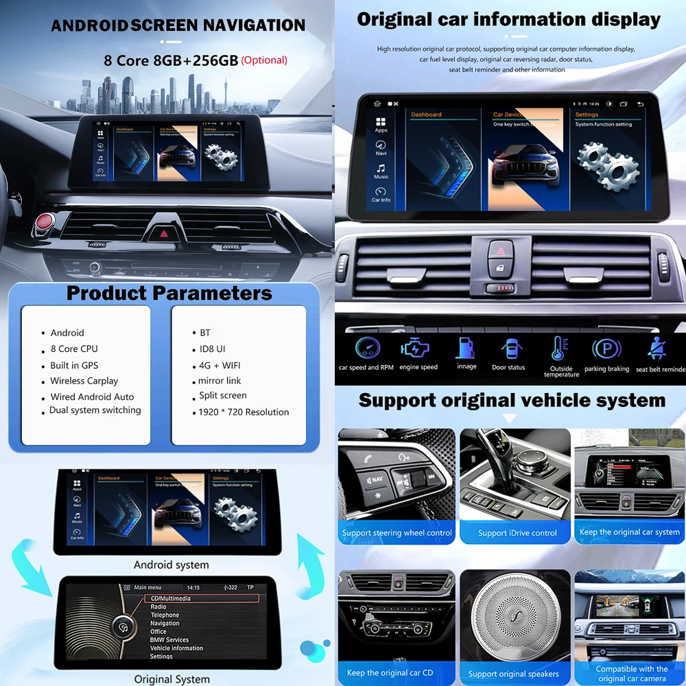 12.3 Inch Android 14 ID8 Touch Screen For BMW X1 X2 F48 F49 2013 - 2020 NBT EVO Car Radio Multimedia GPS Carplay Monitors Player