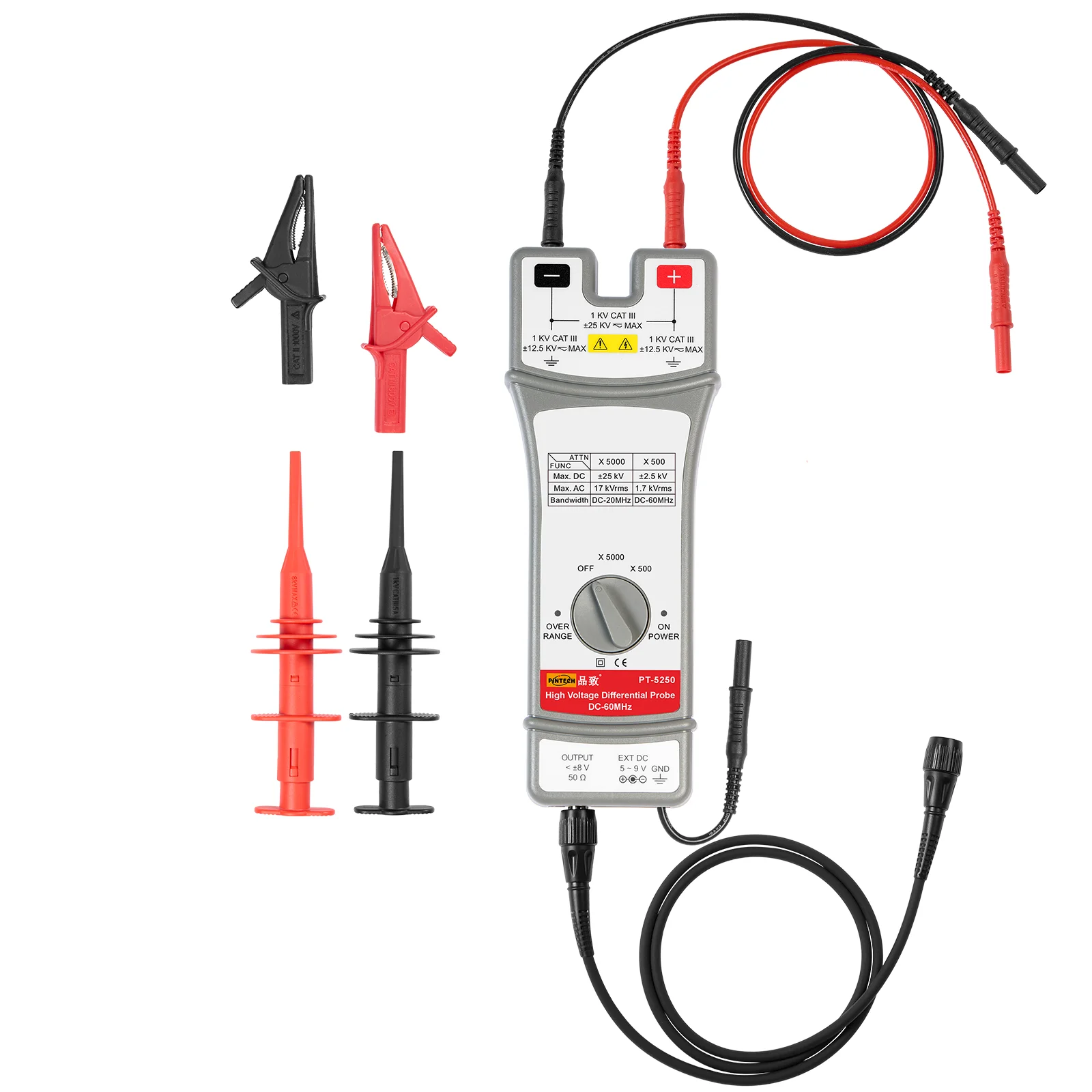 PINTECH PT-5250 High Voltage Differential Probe 50kV, 60MHz, 500X/5000X Attenuation Rate, Oscilloscope Probe Kit