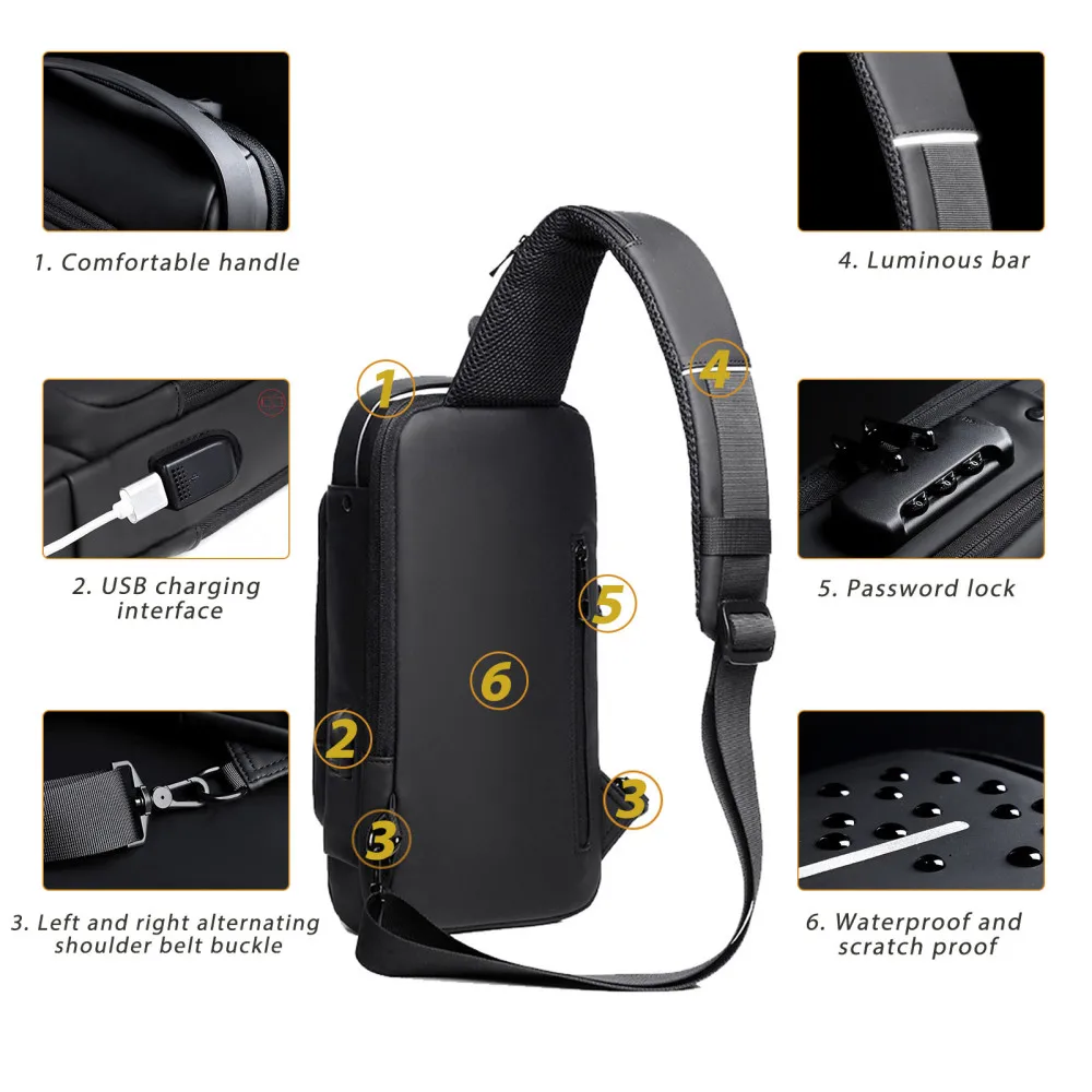 USB Charging Sport Sling Bag Male Anti-theft Chest Bag with Password Lock