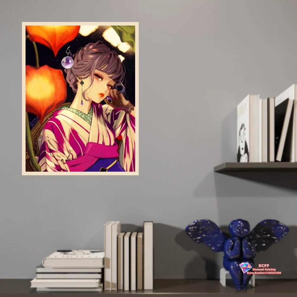 Japanese Geisha Kimono Sakura Beauty Art 5D DIY Diamond Painting Set with Square and Round Diamonds Handmade Crafts Decor Gifts