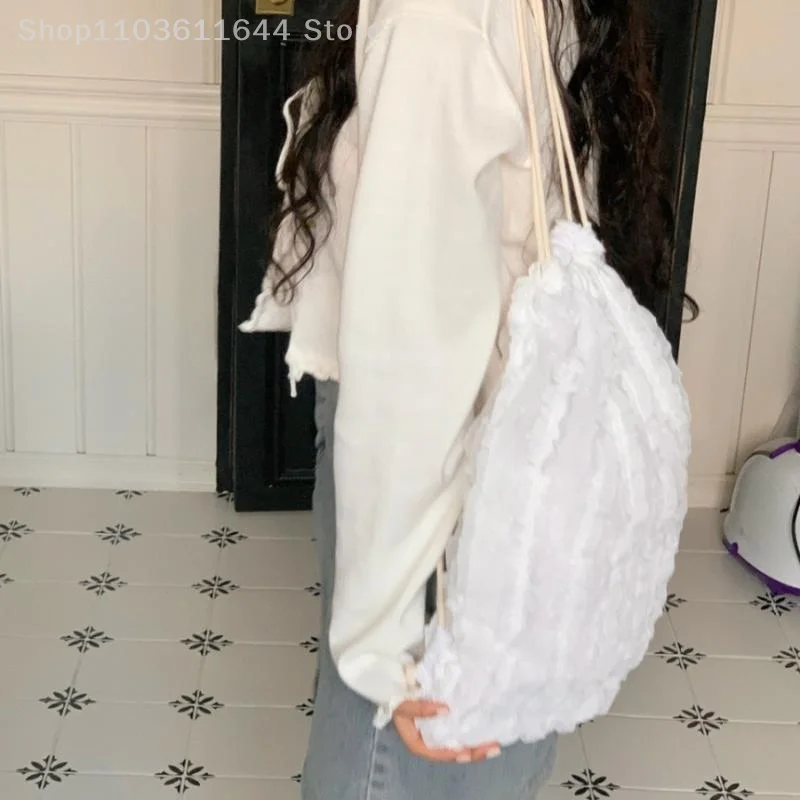 

Lovely Pleated Cloud Backpack Girly Chiffon Lace Drawstring Shoulder Bag Large Capacity Commuter Shoulder Crossbody Bags