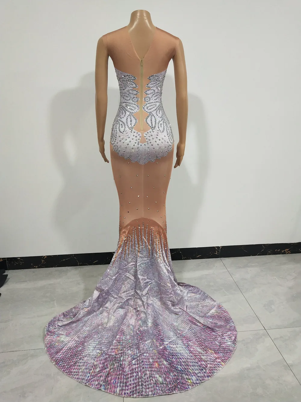 Vestido longo de sereia com strass brilhantes, modelo cantor, festa noturna, passarela, sem mangas, até o chão, traje de palco