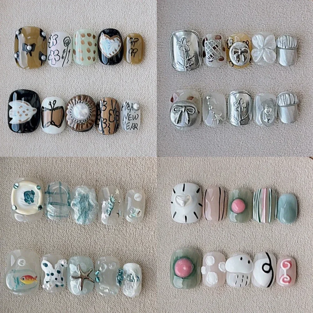 

10Pcs Fashion Light Luxury Short Square Ellipse Press On Nails Cute Bowknot Flower Marine Elements False Nail Holiday Present