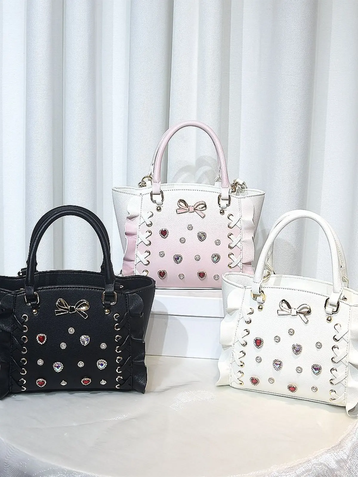 Japanese Sweet Tote Bag Girl Gradual Change Color Rhinestone Lolita Bow Lace Portable Single Oblique Span Small Square Bag Women
