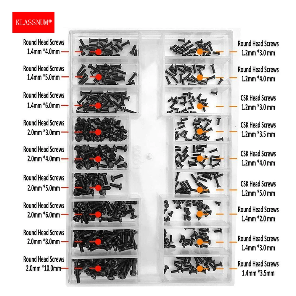 

KLASSNUM 500Pcs/Set 18 Sizes Black Mini Screws Assortment Kit Micro Screws for Sunglasses Watch Back Cover Notebook Small Screws