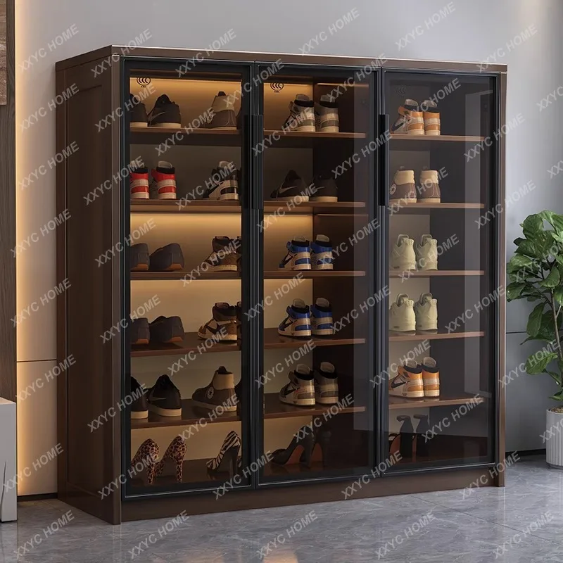 

LSolid wood glass shoe cabinet household door multi-layer large-capacity entry door against the wall storage