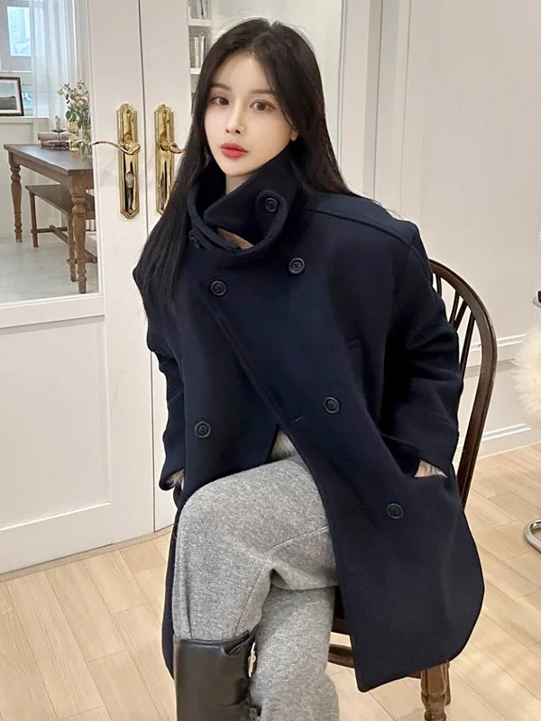

Retro Woolen Coat Women's Winter Cotton Lined Mid-Length Suit Collar Jaet Ele Commute Sle Loose Fit Double-Breasted