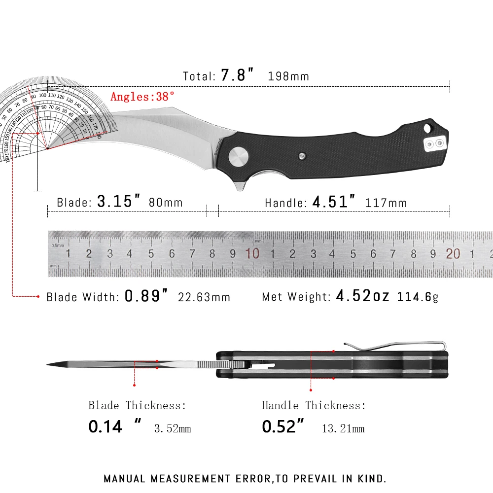 Shooziz-HAN308، سكين بيكال قابل للطي منقار الصقر للرجال EDC، شفرة زعنفة فولاذية 3.15 بوصة 14C28N، مقبض Ultem/G10 مع مشبك جيب