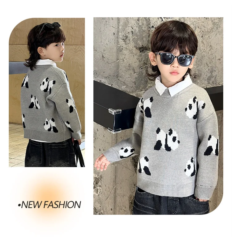 Koreanische Niedliche Kinder-Panda-Pullover mit Cartoon-Drucken, Strickwaren für Jungen, Graue Panda-Kostüme, Kinder-Strickkleidung für Alter 2 3 5 7 9 11 Jahre – Detail 9