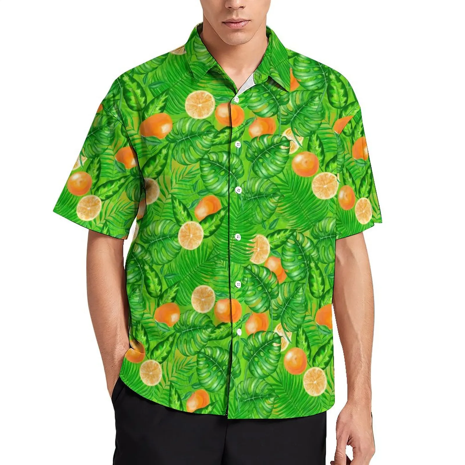 

Fruit Print Vacation Shirt Oranges And Tropical Leaves Hawaiian Casual Shirts Men Novelty Blouses Short-Sleeve Harajuku DIY Top