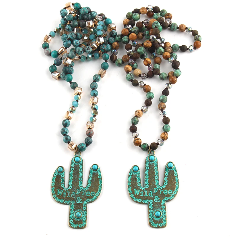 Fashion Bohemian Jewelry Accessory 6mm Stone Beads Knotted Turq Cactus Pendant Necklaces For Women Festival Gift