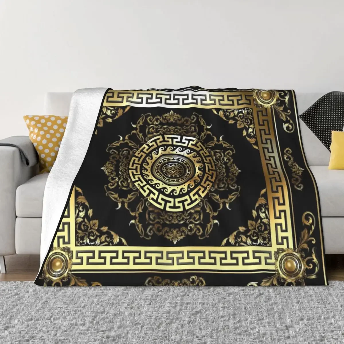 Baroque Gold Black Greek Key Meander Throw Blanket funny gift Luxury Designer Blanket throw blanket for sofa