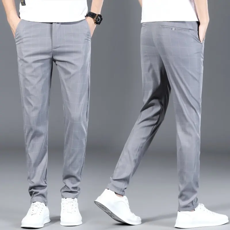 Celana kotak-kotak pria, ukuran 28-38, celana kotak-kotak pria musim semi musim panas, musim gugur kasual katun Slim Fit, lurus, meregang, panjang, Chinos, bisnis, hitam, abu-abu