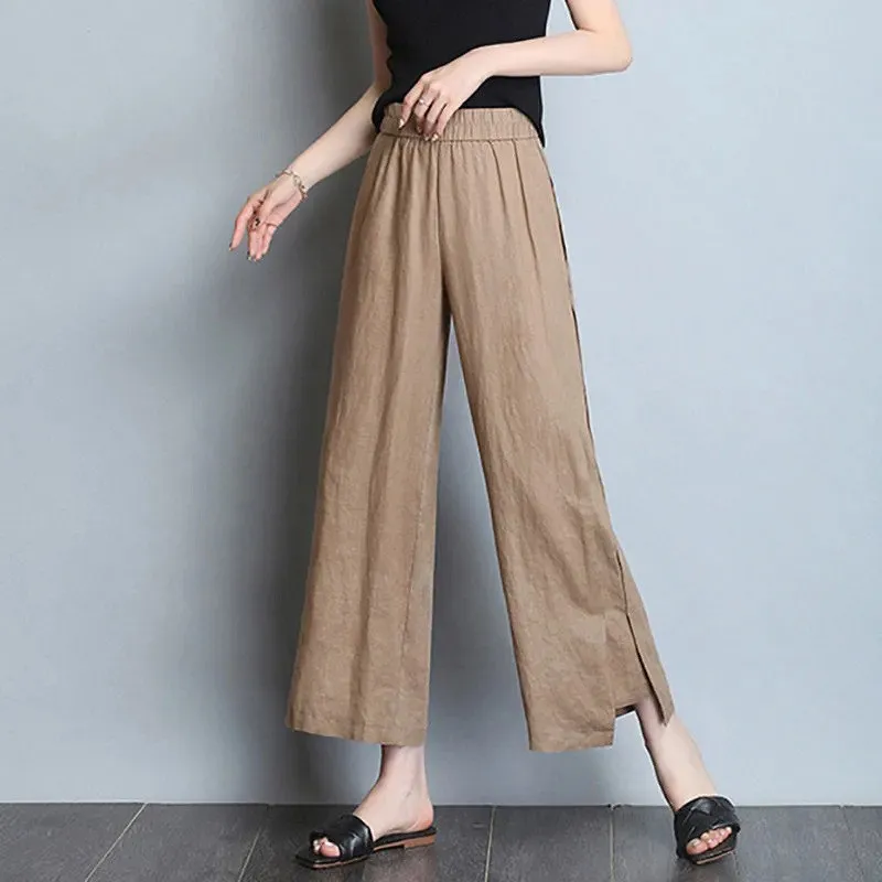 Pantalones de lino y algodón de pierna ancha de cintura alta para mujer, falda informal artística fina de verano, pantalones holgados adelgazantes de nueve puntos