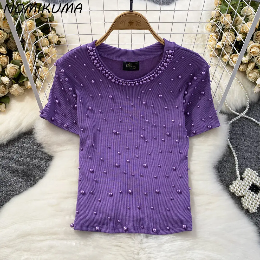 Nomikuma 2023 Summer Fashion Short Sleeve O-neck Slim Elastic Gothic Tee Shirts for Women Beads Korean Y2k Top Graphic T Shirts