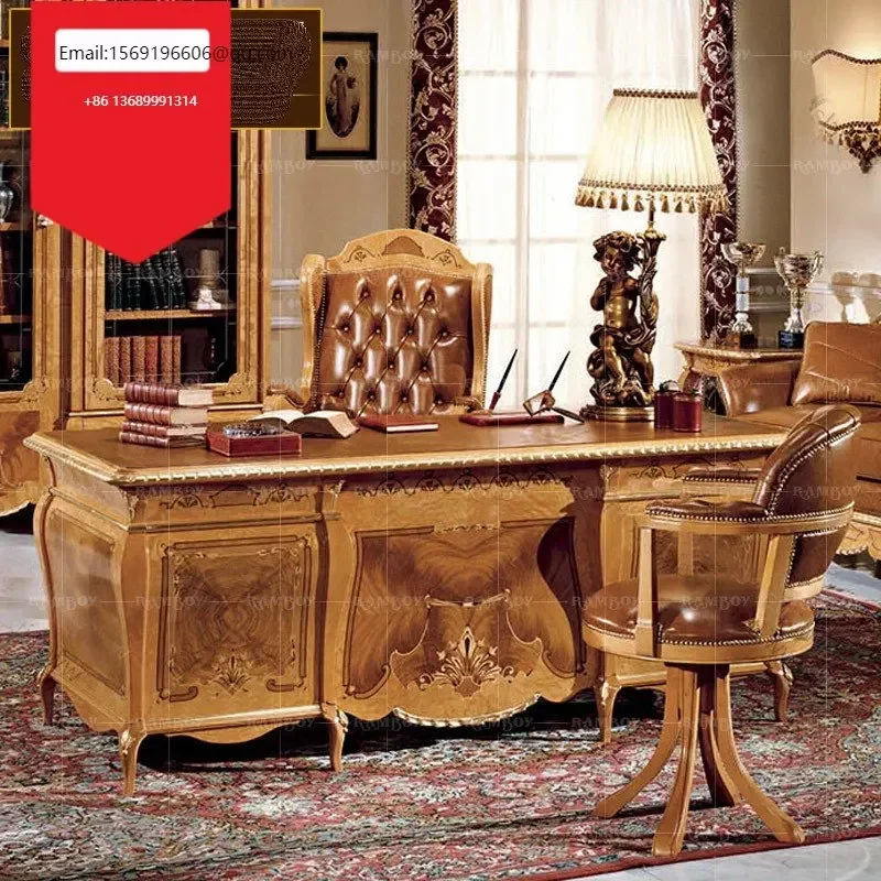 

Study furniture European style desk American solid wood carved home computer office villa large class