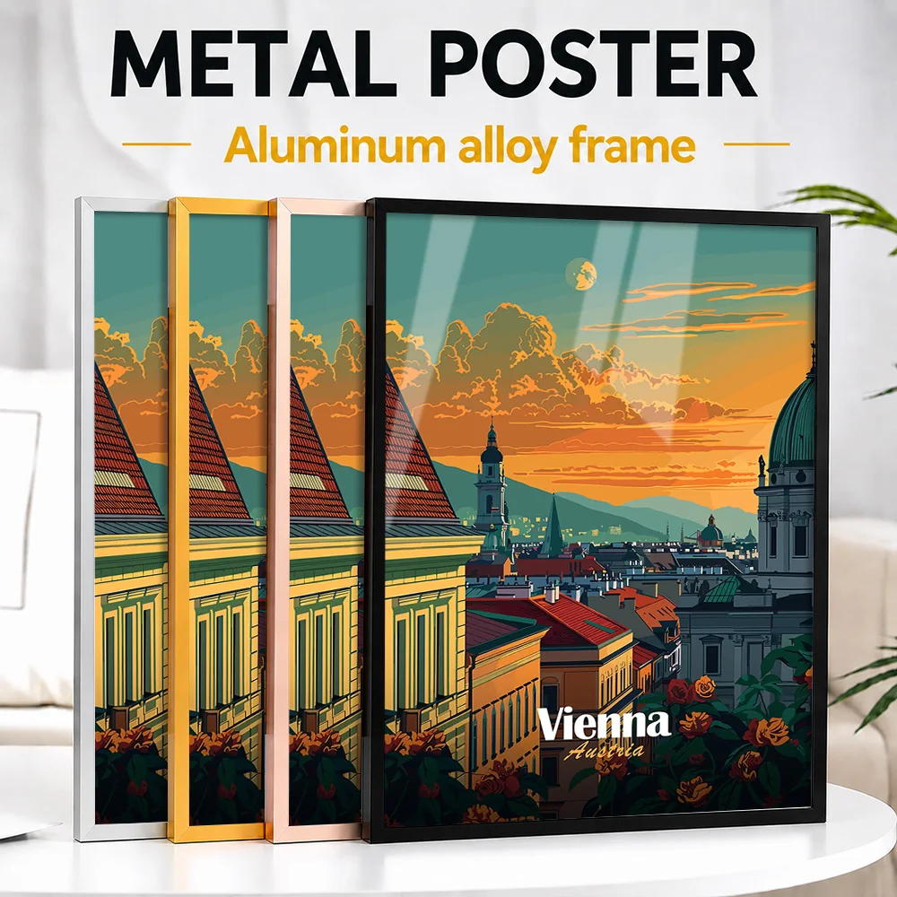 Vienna Cityscape Sunset Metal Poster With Aluminum Alloy Frame Personalized Photo Modern Getaway Style Wall Art For Guest Room