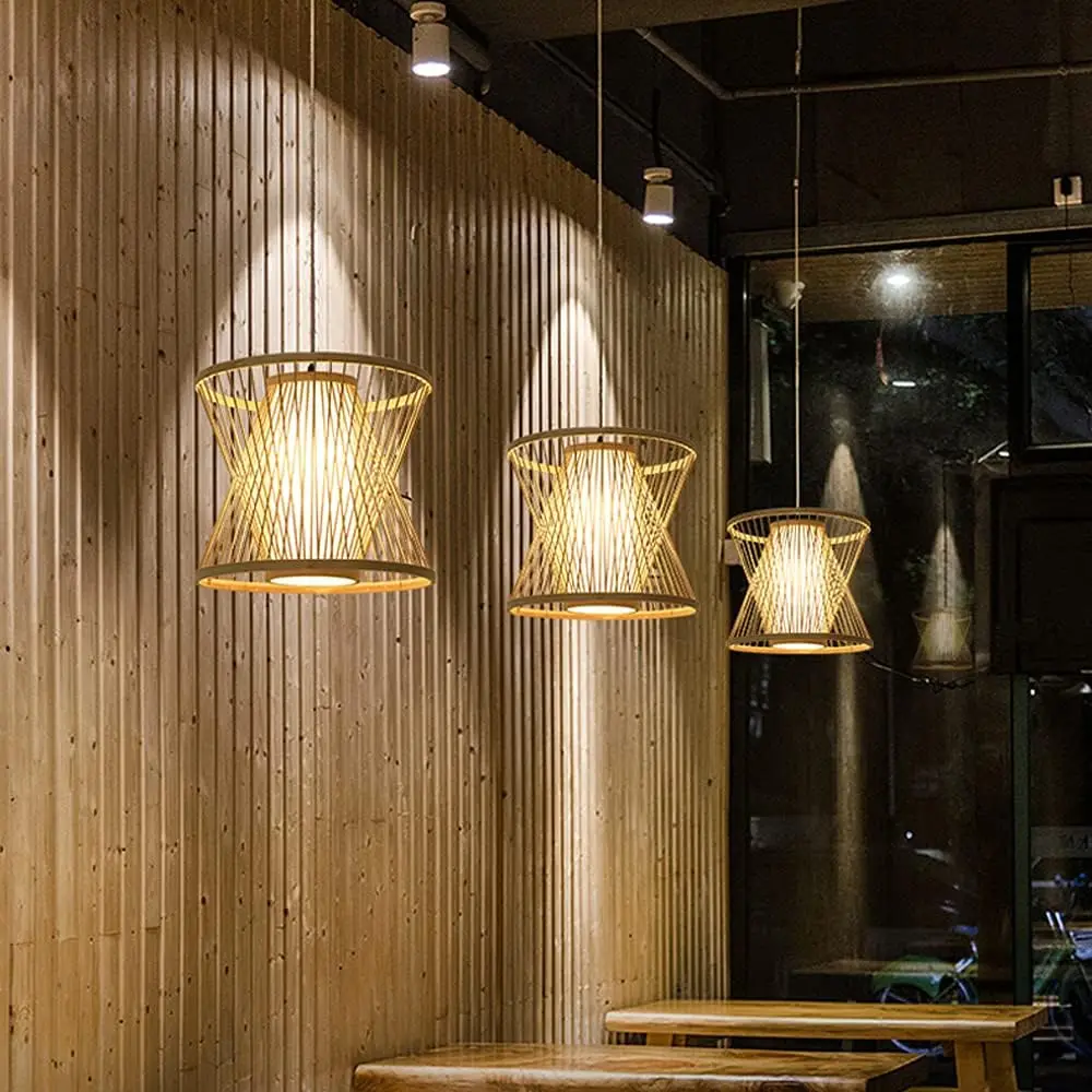 Japanese Style Teahouse Ceiling Chandelier Bamboo Art Lampshade Pendant Light For Bedroom Balcony Courtyard Study(E27 Base 35cm)