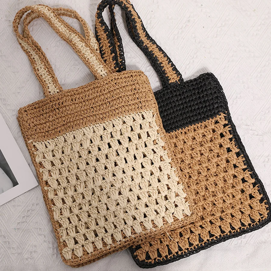 

New Straw Design Hand-Woven Shoulder Bag With Color-Blocked Crochet Hooks Summer Beach Vacation Hollow Out Handbag Clutch Purses