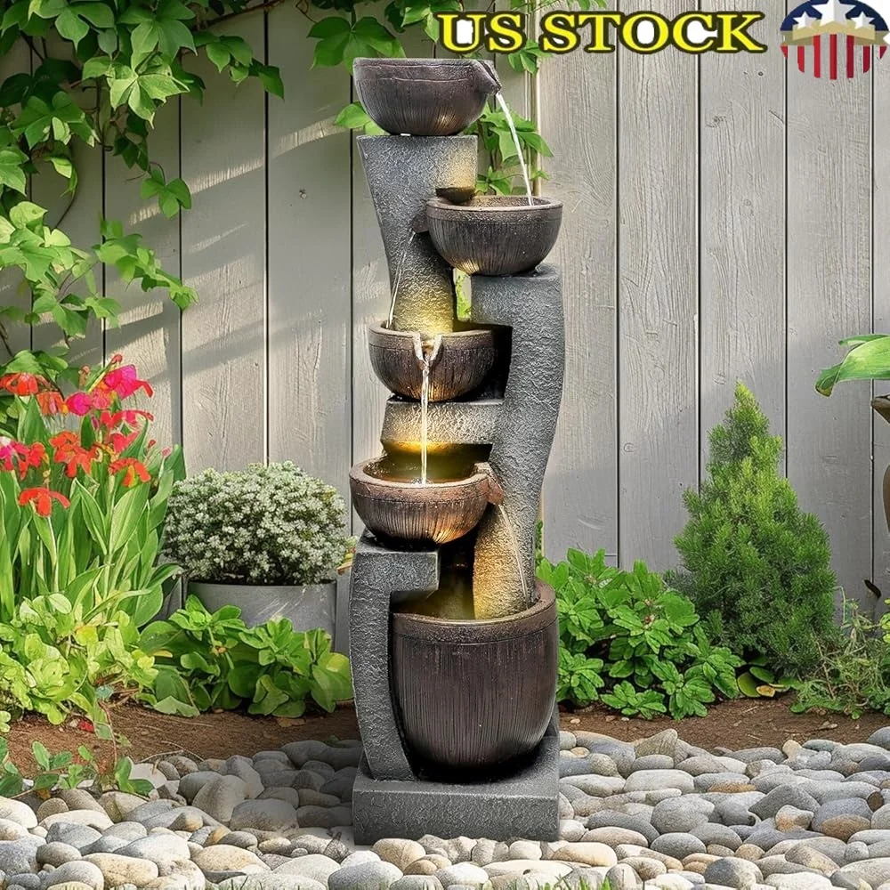 

43,7-дюймовый современный фонтан для дома и улицы, 5-уровневый каскадный фонтан с насосом, светодиодные фонари, садовый декор, релаксация