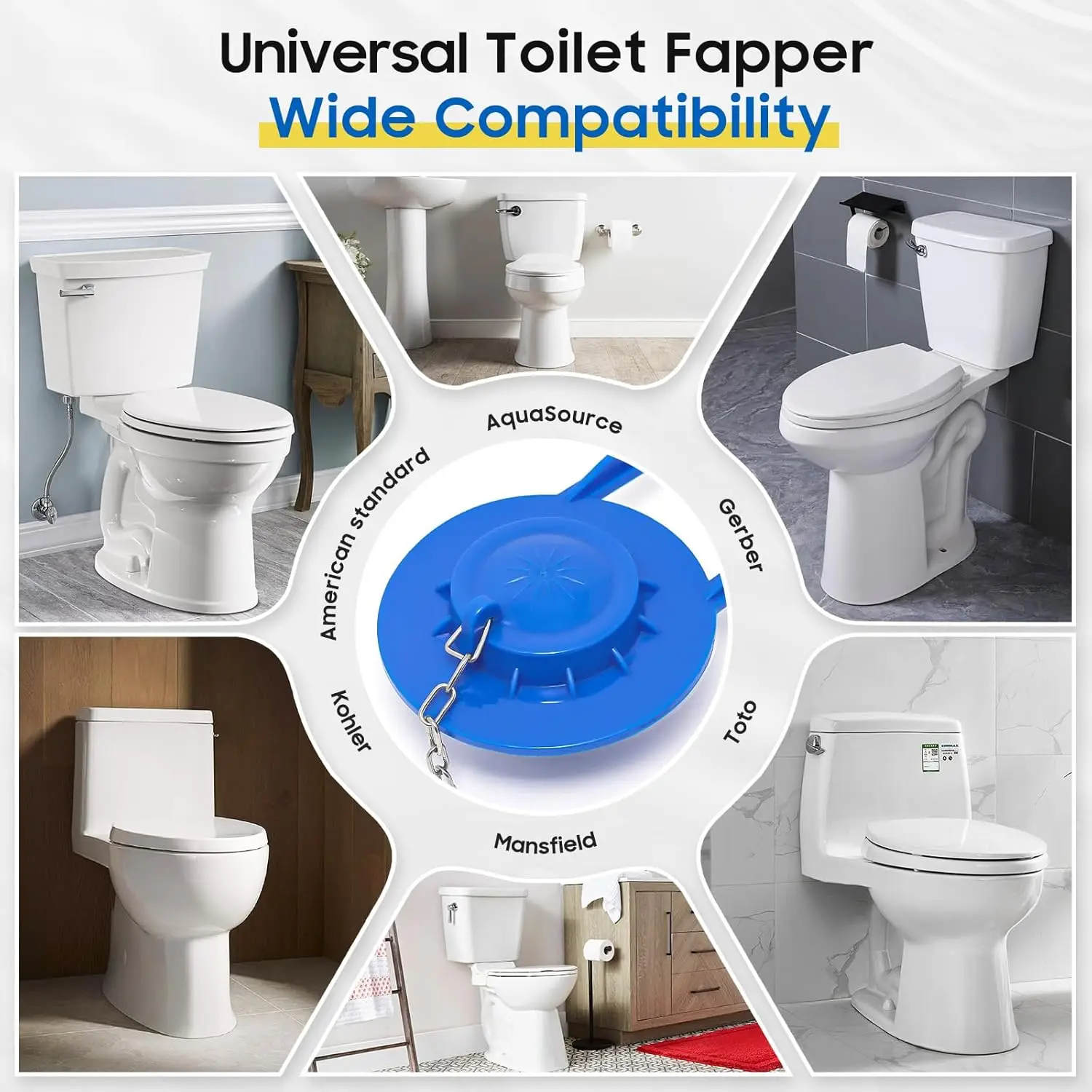 Universal 2 Inch Toilet Flapper Replacement Kit with Stainless Chain, Water Saving Heavy Duty Rubber Toilet Tank Stopper for Ame