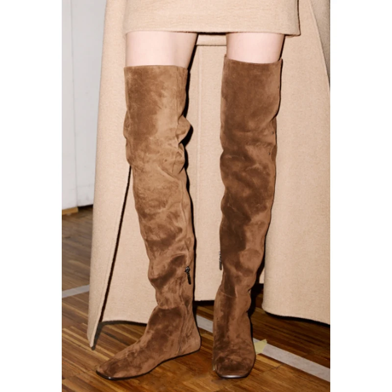 Women Rivet Side Zipper Over The Knee Flat Boots Retro Suede Square Toe Stacked Thigh High Boots Fall Winter Casual Long Boots