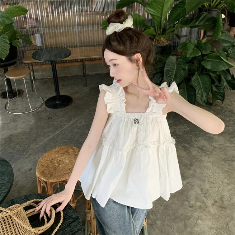 Backless Women T-shirts Loose Sleeveless Fungus Sweet Square Collar Popular Summer Korean Casual Thin Tender Holiday Chill Ins