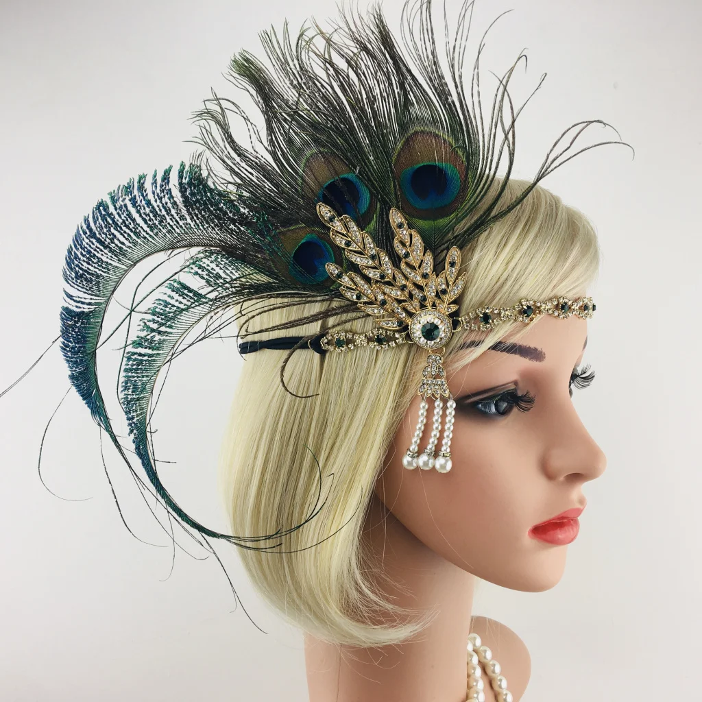 Gatsby Feather Headband for Woman Green Shiny Rhinestone Metal Chain Pearl Tassel Elastic Headpiece Vintage Carnival Accessorie