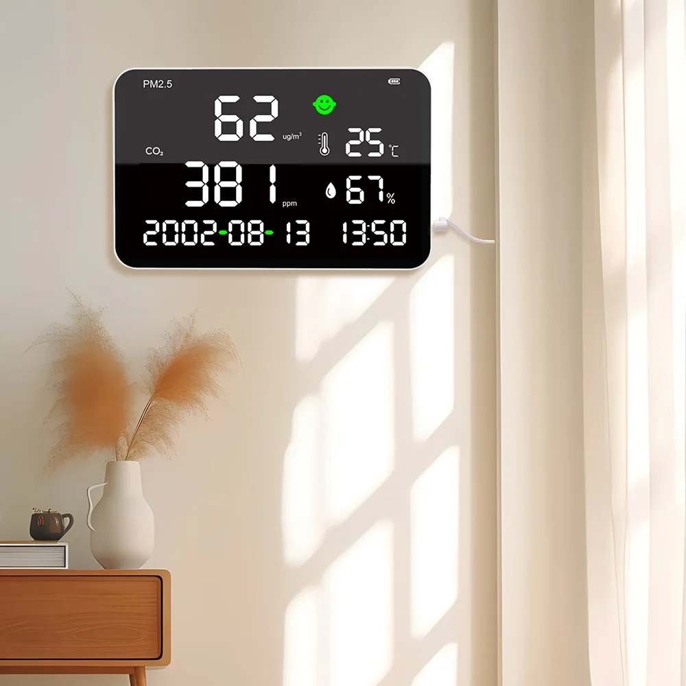 شاشة كبيرة جدًا داخلية CO2 ميتري متعددة الوظائف مستشعر NDIR نوع كاشف جودة الهواء يقيس ثاني أكسيد الكربون وPM2.5