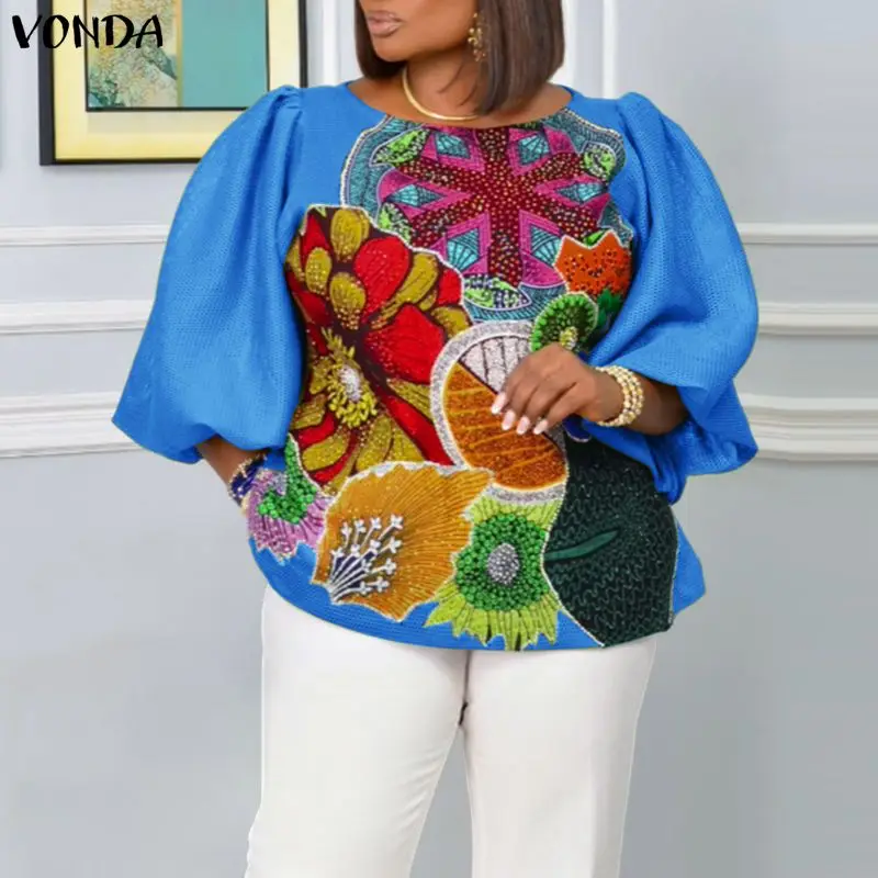 Chemisier tendance pour femme VONDA, grande taille 5XL, manches longues bouffantes, imprimé floral, chemise décontractée ample, tunique bohème, blusas surdimensionnées