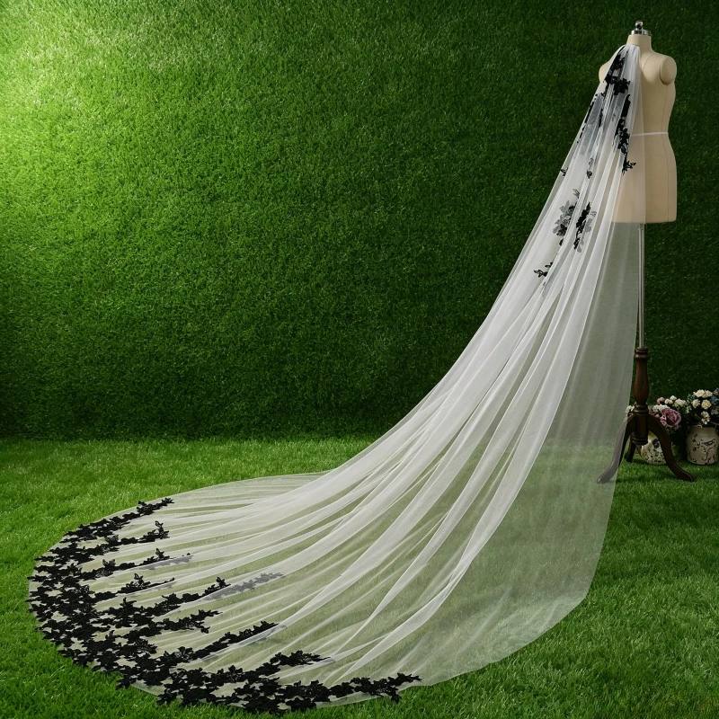 Black Lace Veil Cathedral Length Wedding Veil Long Dramatic Wedding Accessories Bridal Veil Voile De Mariée Vive Les Mariés